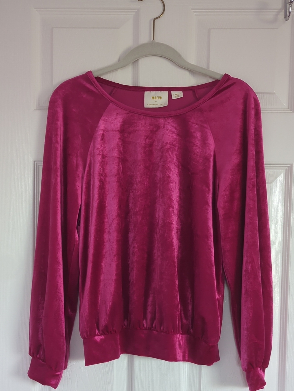 Maeve Velvet Long-Sleeve Candace Top in Fuchsia Size  XS